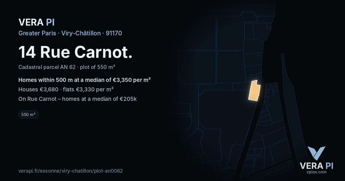 14 Rue Carnot, Viry-Châtillon at night – the plot lit, the parcels around coloured by the prices near them