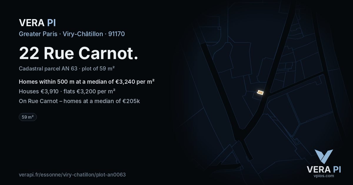 22 Rue Carnot, Viry-Châtillon at night – the plot lit, the parcels around coloured by the prices near them