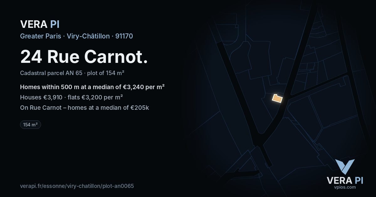 24 Rue Carnot, Viry-Châtillon at night – the plot lit, the parcels around coloured by the prices near them