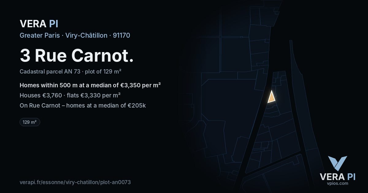 3 Rue Carnot, Viry-Châtillon at night – the plot lit, the parcels around coloured by the prices near them