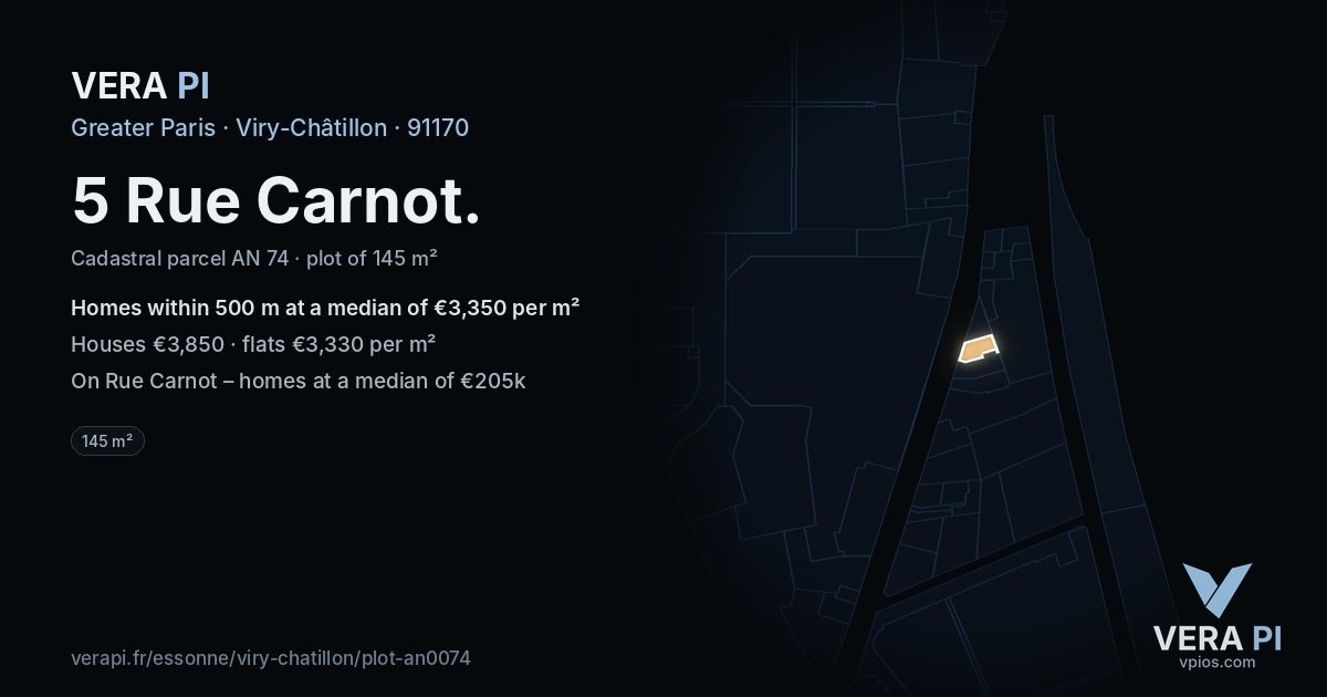 5 Rue Carnot, Viry-Châtillon at night – the plot lit, the parcels around coloured by the prices near them