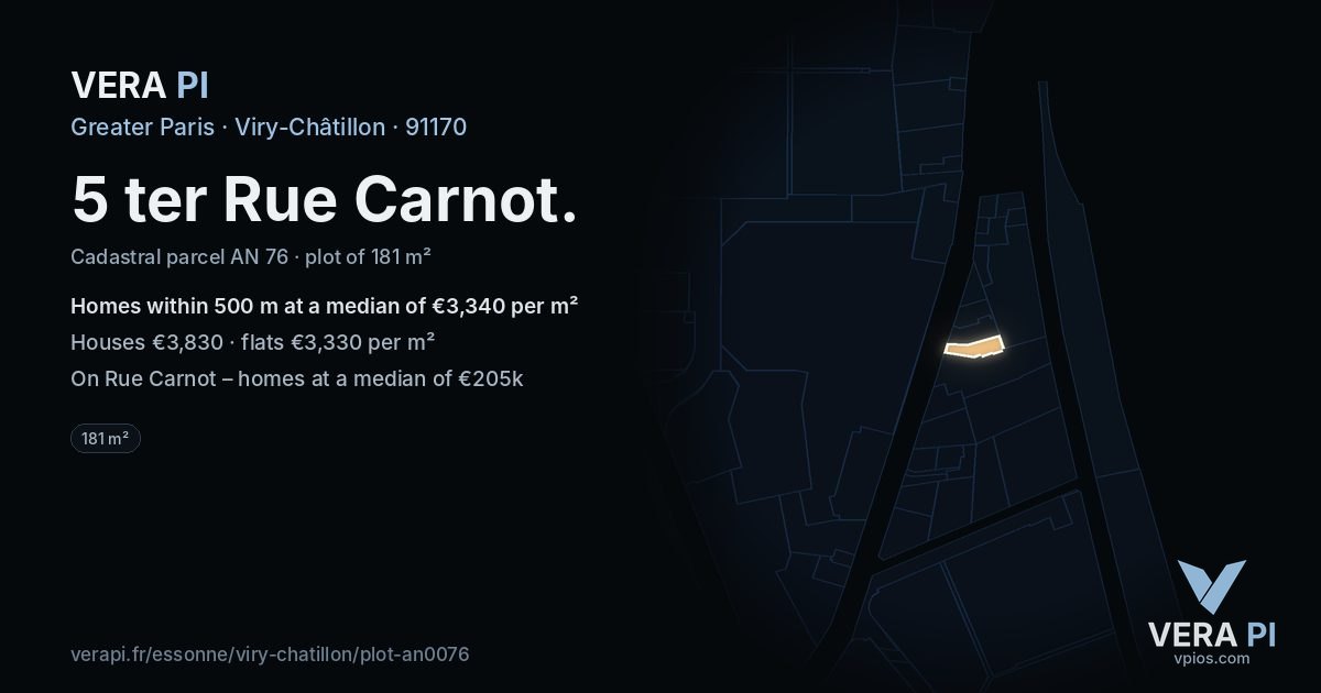 5 ter Rue Carnot, Viry-Châtillon at night – the plot lit, the parcels around coloured by the prices near them
