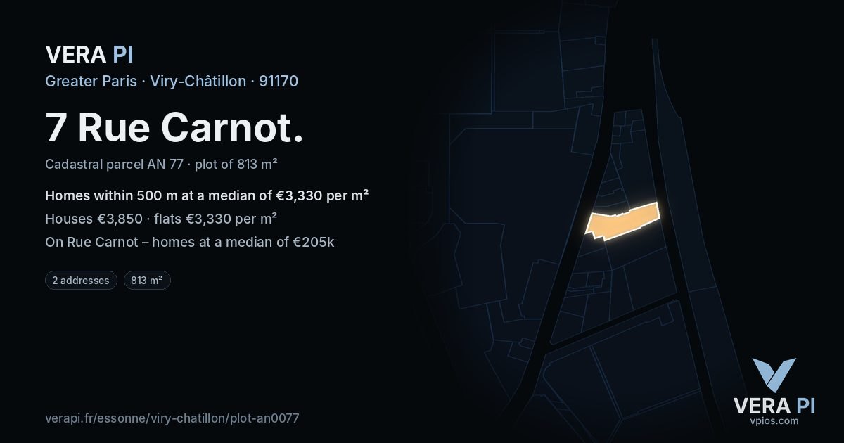7 Rue Carnot, Viry-Châtillon at night – the plot lit, the parcels around coloured by the prices near them