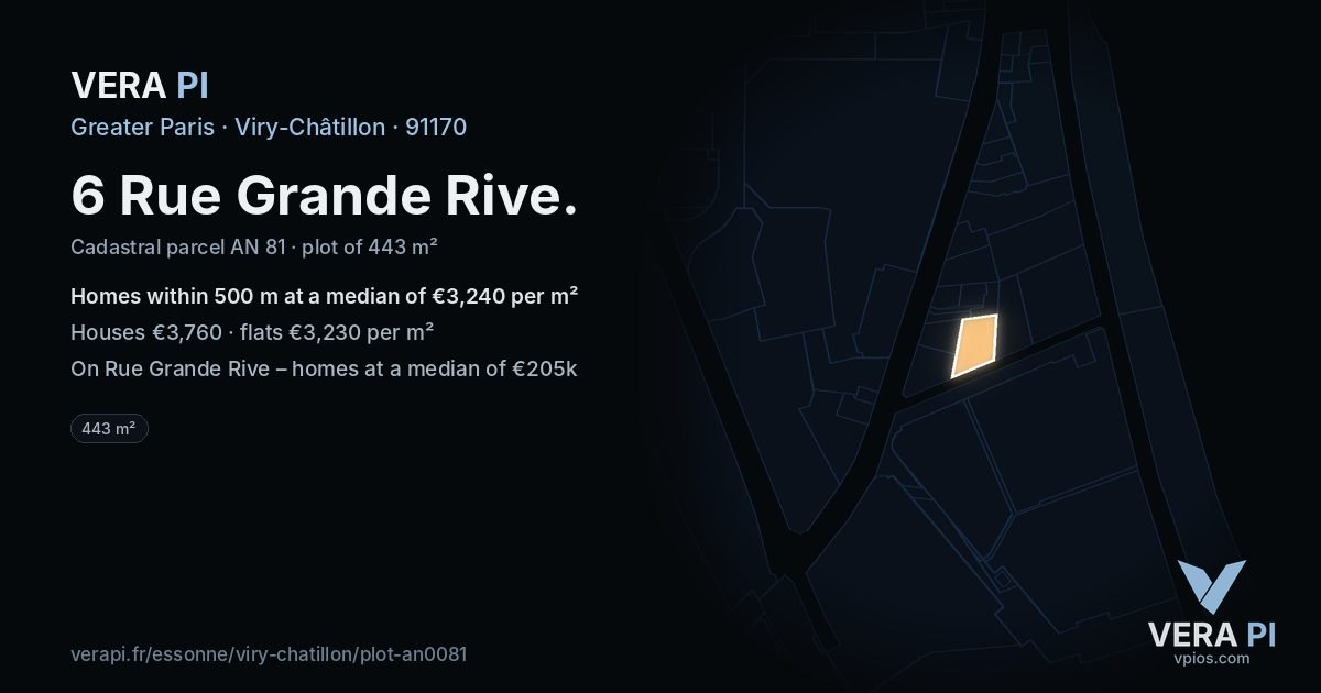 6 Rue Grande Rive, Viry-Châtillon at night – the plot lit, the parcels around coloured by the prices near them