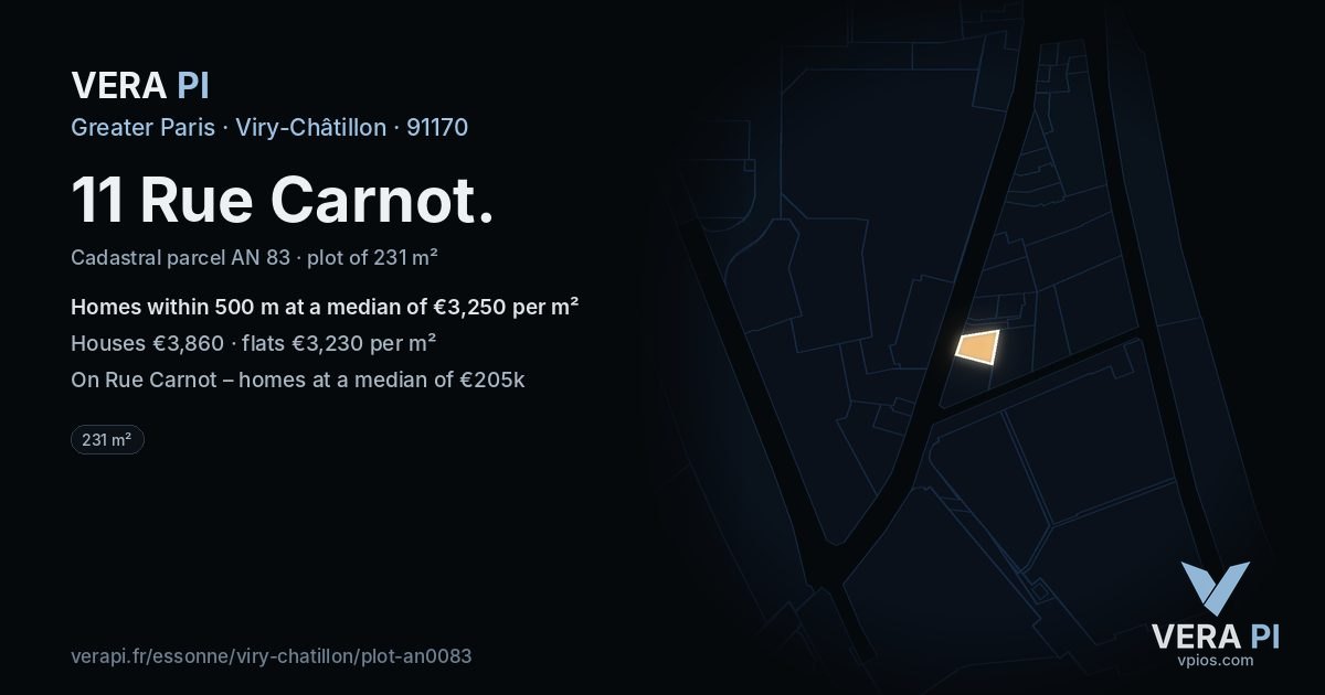 11 Rue Carnot, Viry-Châtillon at night – the plot lit, the parcels around coloured by the prices near them