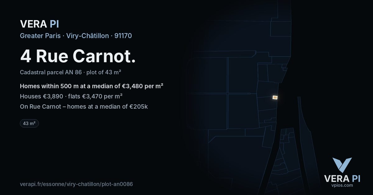 4 Rue Carnot, Viry-Châtillon at night – the plot lit, the parcels around coloured by the prices near them