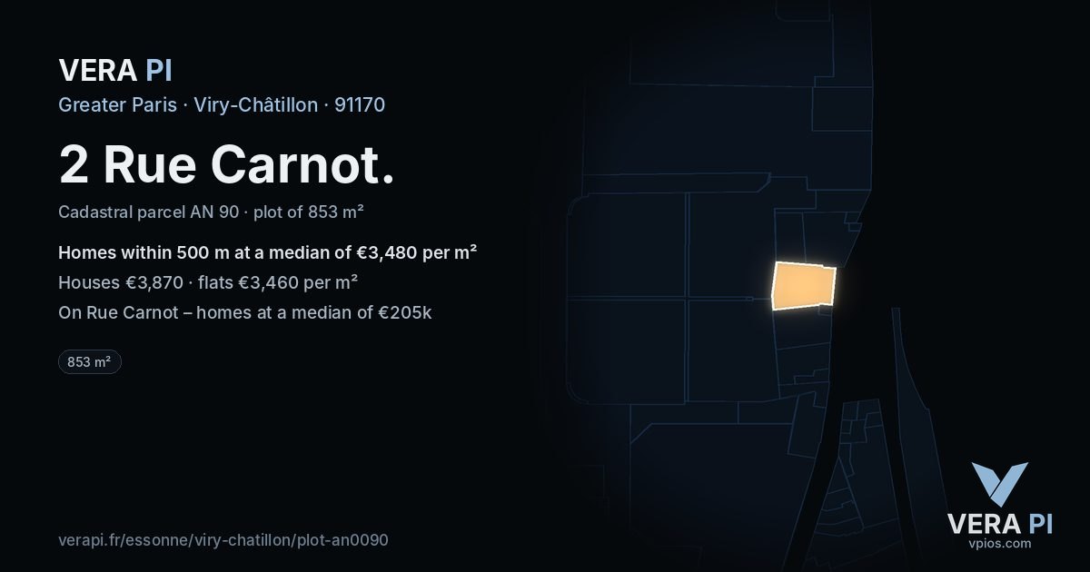 2 Rue Carnot, Viry-Châtillon at night – the plot lit, the parcels around coloured by the prices near them