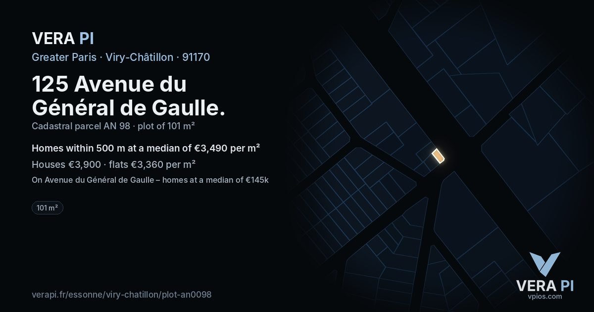 125 Avenue du Général de Gaulle, Viry-Châtillon at night – the plot lit, the parcels around coloured by the prices near them