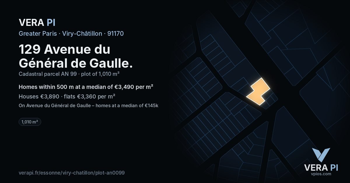 129 Avenue du Général de Gaulle, Viry-Châtillon at night – the plot lit, the parcels around coloured by the prices near them