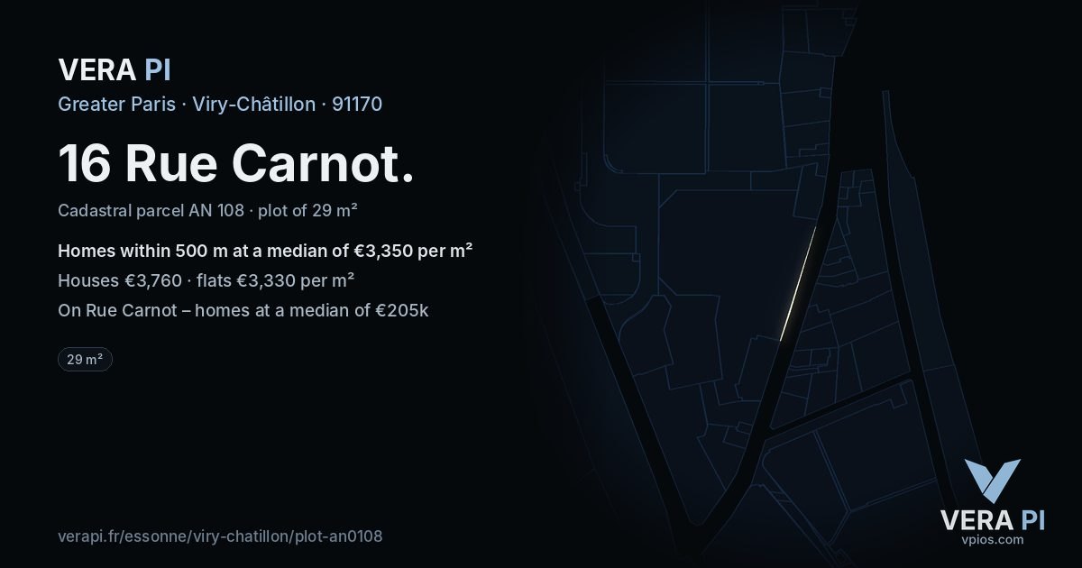 16 Rue Carnot, Viry-Châtillon at night – the plot lit, the parcels around coloured by the prices near them