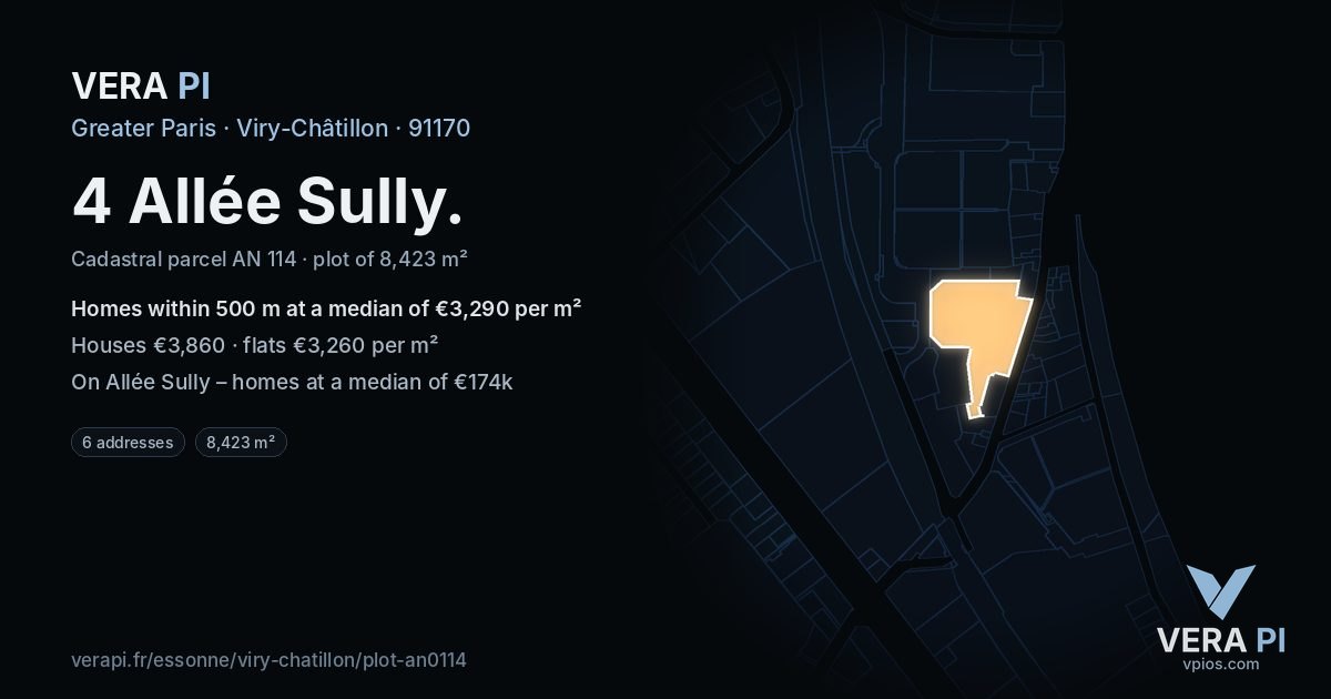 4 Allée Sully, Viry-Châtillon at night – the plot lit, the parcels around coloured by the prices near them