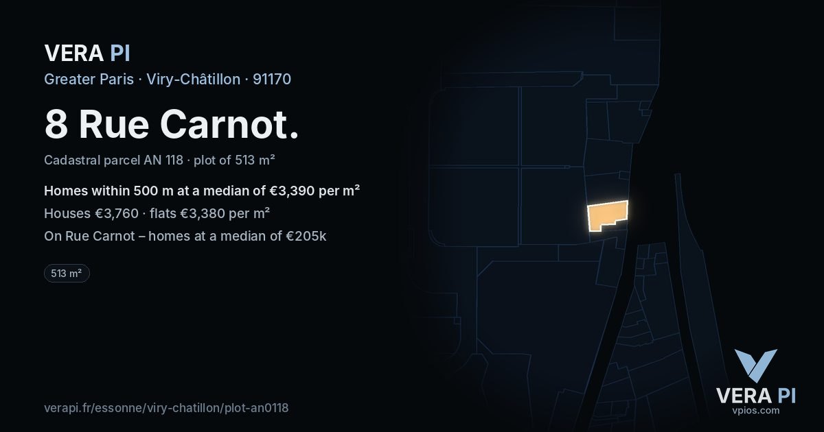 8 Rue Carnot, Viry-Châtillon at night – the plot lit, the parcels around coloured by the prices near them