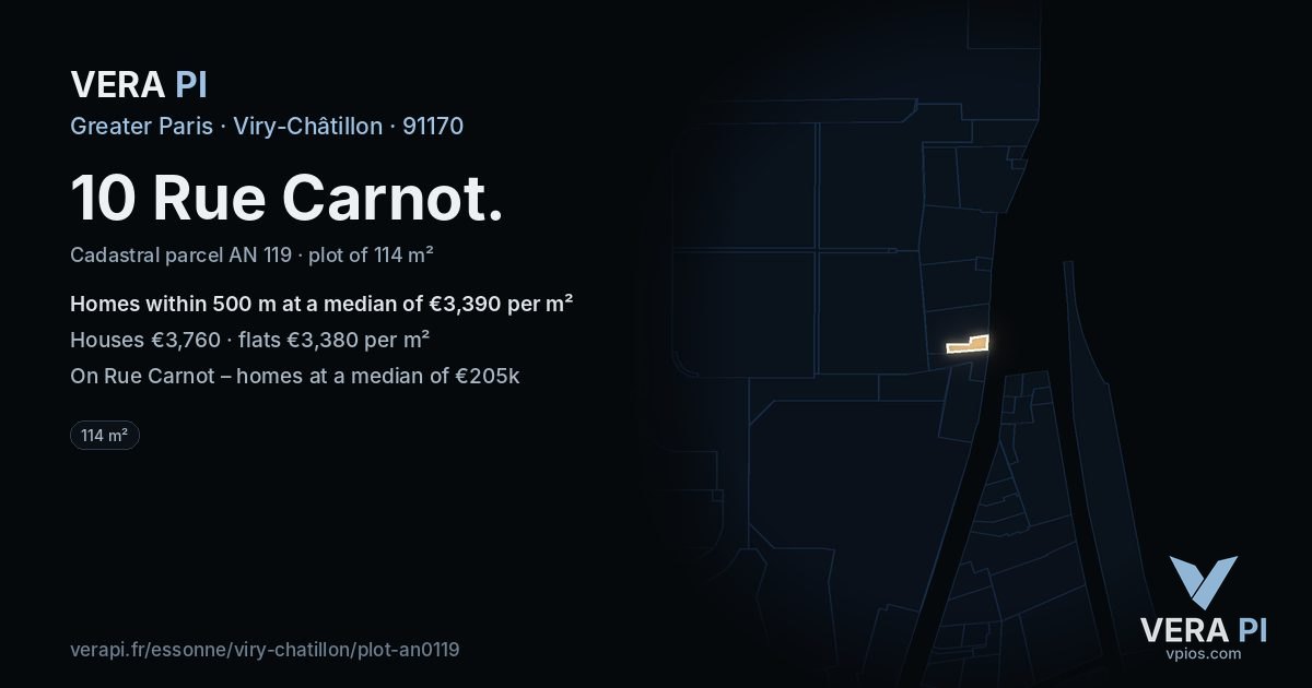 10 Rue Carnot, Viry-Châtillon at night – the plot lit, the parcels around coloured by the prices near them