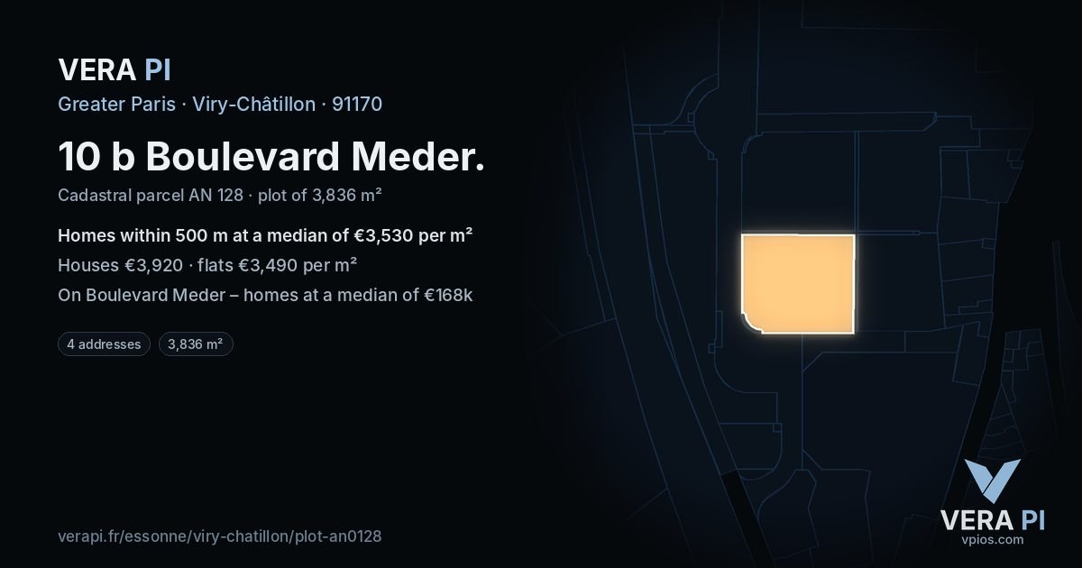 10 b Boulevard Meder, Viry-Châtillon at night – the plot lit, the parcels around coloured by the prices near them