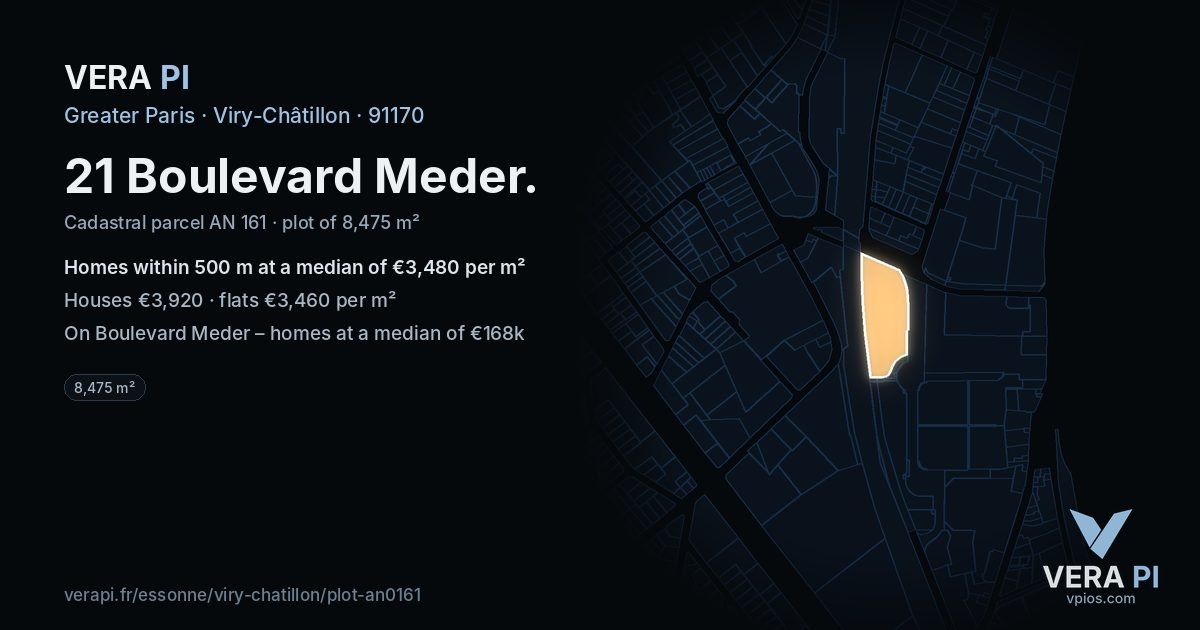 21 Boulevard Meder, Viry-Châtillon at night – the plot lit, the parcels around coloured by the prices near them