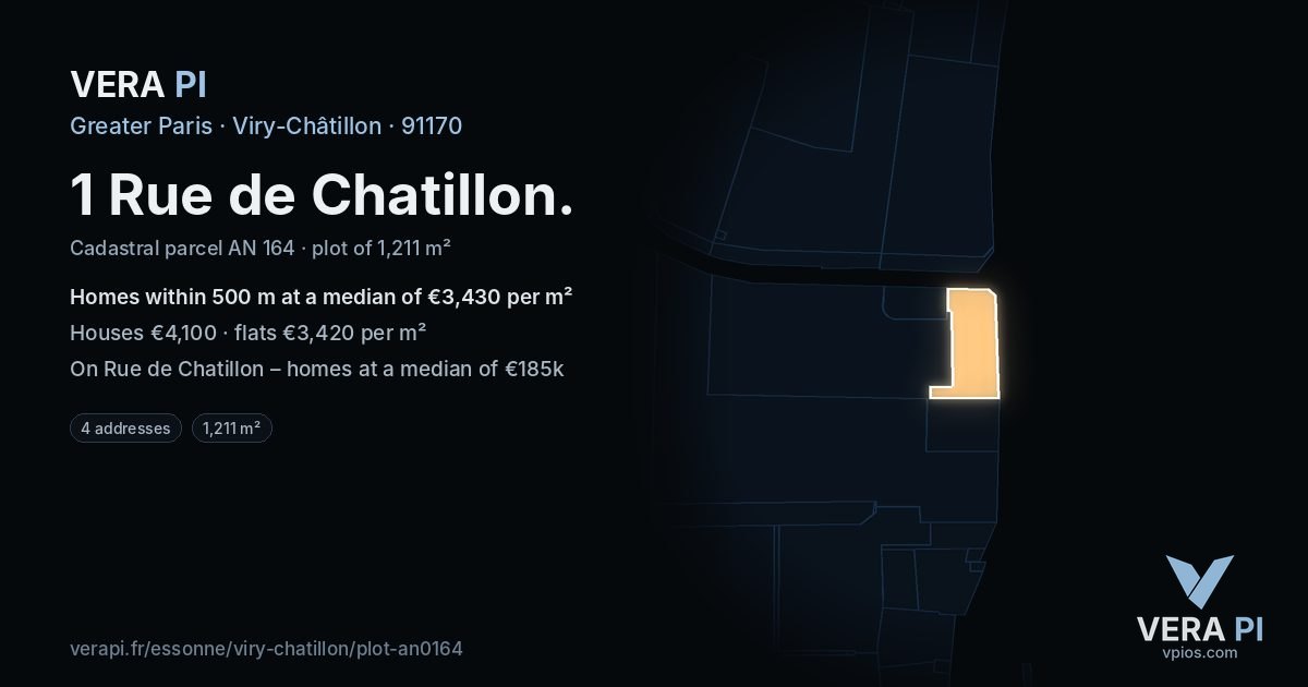 1 Rue de Chatillon, Viry-Châtillon at night – the plot lit, the parcels around coloured by the prices near them