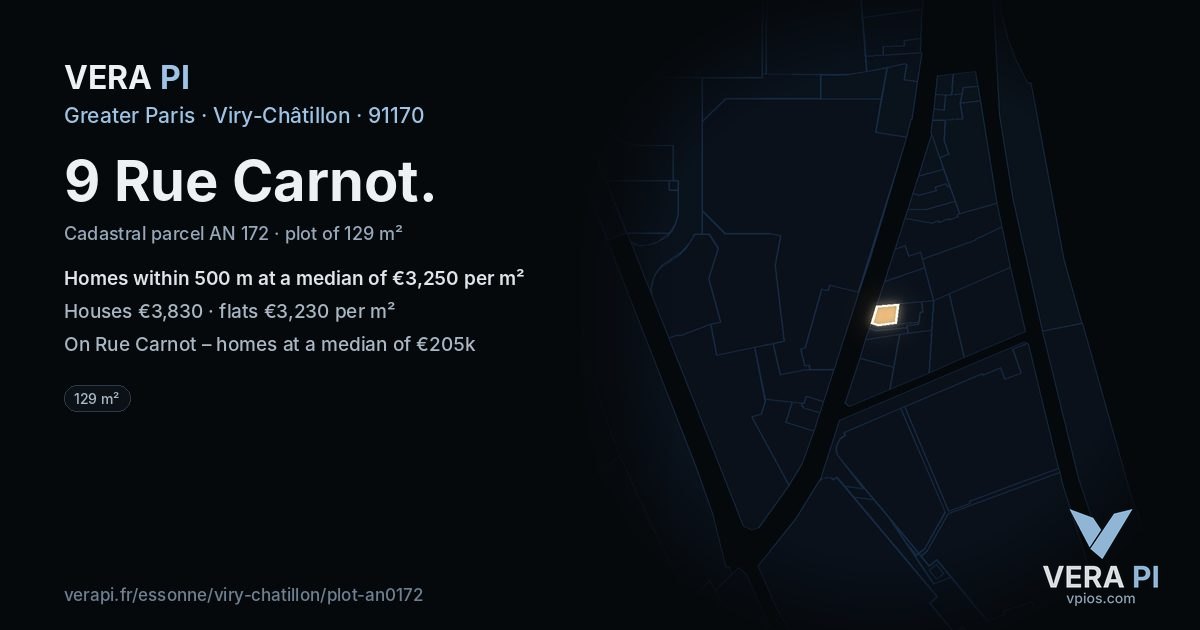 9 Rue Carnot, Viry-Châtillon at night – the plot lit, the parcels around coloured by the prices near them