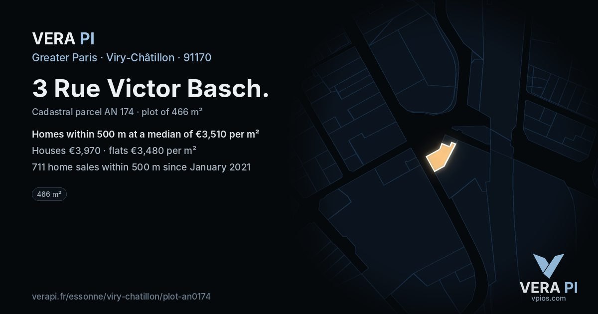 3 Rue Victor Basch, Viry-Châtillon at night – the plot lit, the parcels around coloured by the prices near them