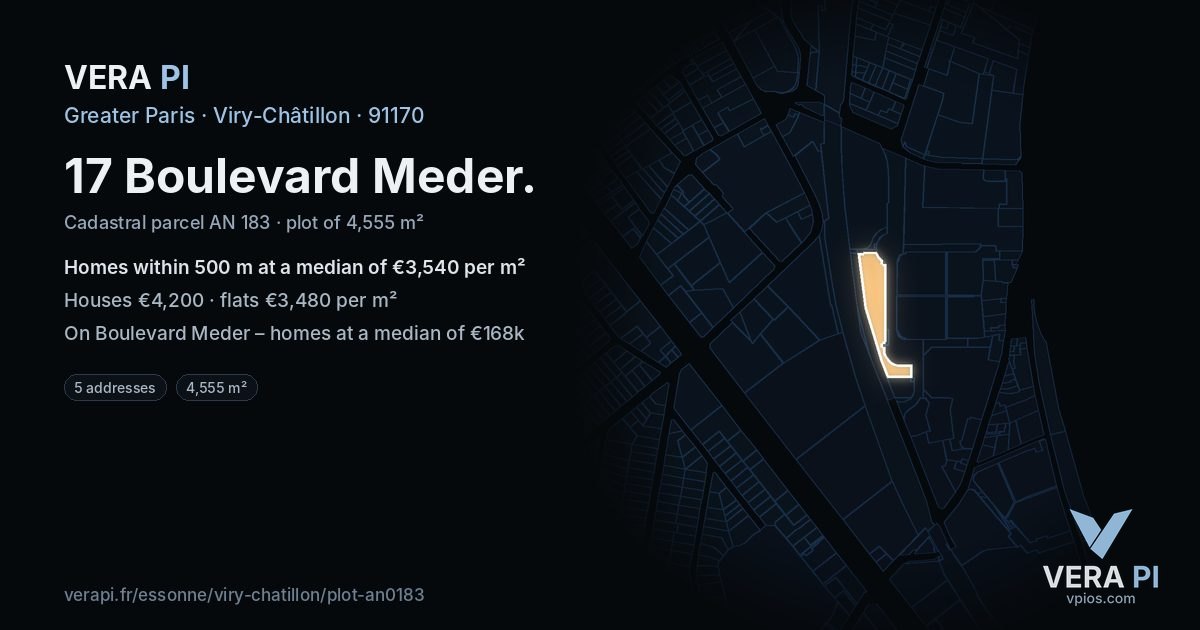 17 Boulevard Meder, Viry-Châtillon at night – the plot lit, the parcels around coloured by the prices near them