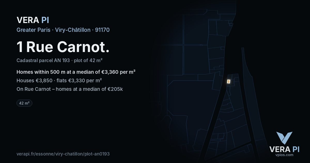 1 Rue Carnot, Viry-Châtillon at night – the plot lit, the parcels around coloured by the prices near them