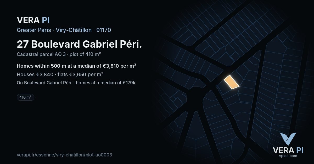27 Boulevard Gabriel Péri, Viry-Châtillon at night – the plot lit, the parcels around coloured by the prices near them