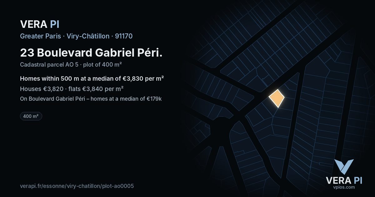 23 Boulevard Gabriel Péri, Viry-Châtillon at night – the plot lit, the parcels around coloured by the prices near them