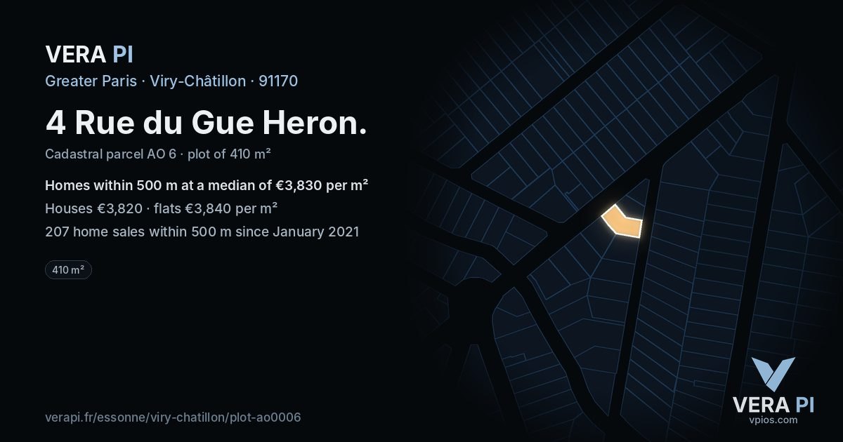 4 Rue du Gue Heron, Viry-Châtillon at night – the plot lit, the parcels around coloured by the prices near them