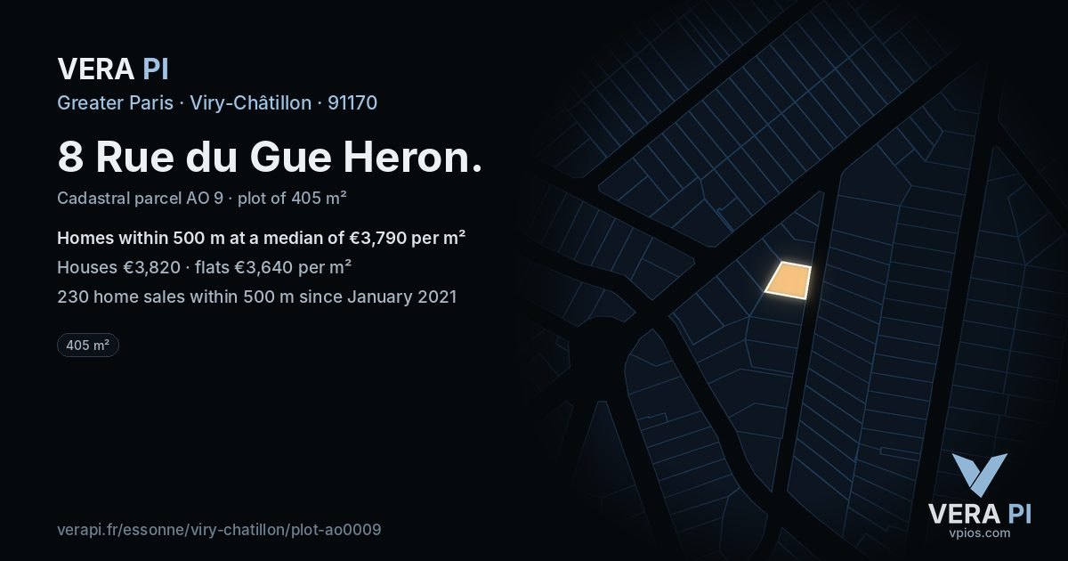 8 Rue du Gue Heron, Viry-Châtillon at night – the plot lit, the parcels around coloured by the prices near them