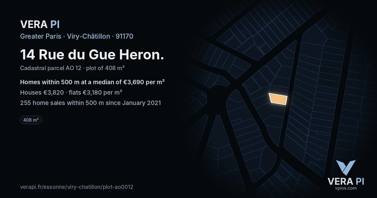 14 Rue du Gue Heron, Viry-Châtillon at night – the plot lit, the parcels around coloured by the prices near them
