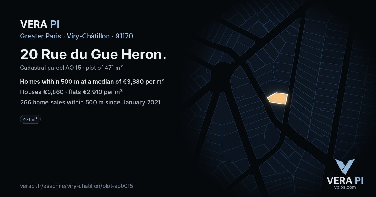 20 Rue du Gue Heron, Viry-Châtillon at night – the plot lit, the parcels around coloured by the prices near them