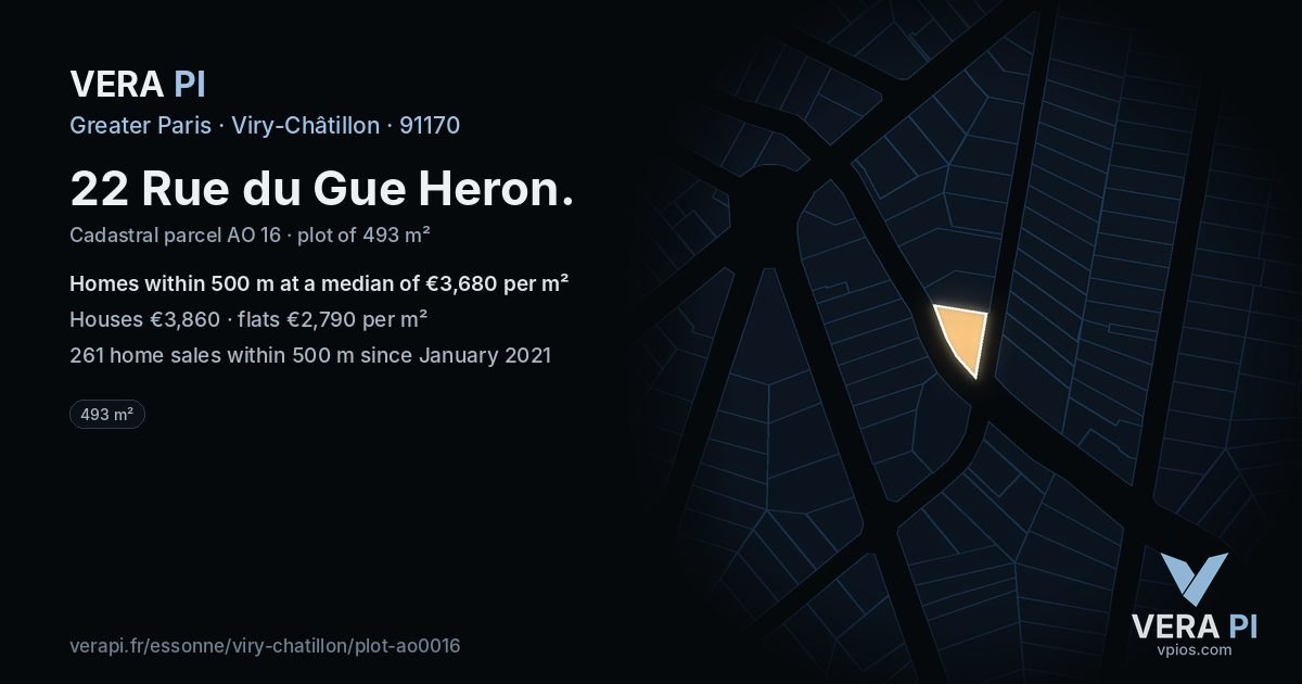 22 Rue du Gue Heron, Viry-Châtillon at night – the plot lit, the parcels around coloured by the prices near them