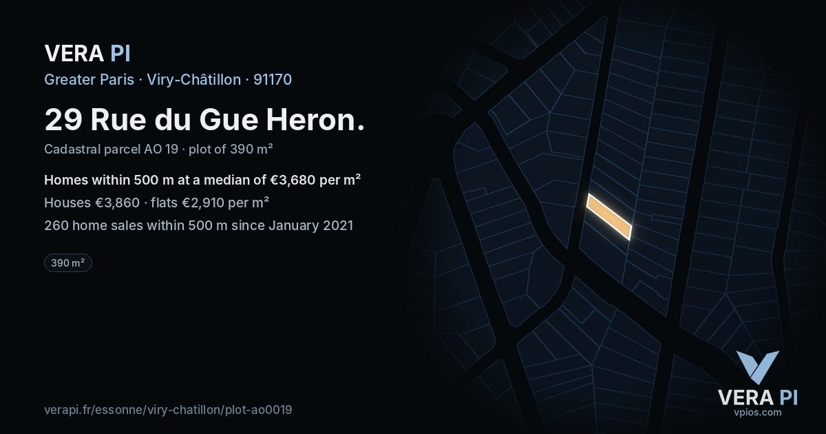 29 Rue du Gue Heron, Viry-Châtillon at night – the plot lit, the parcels around coloured by the prices near them