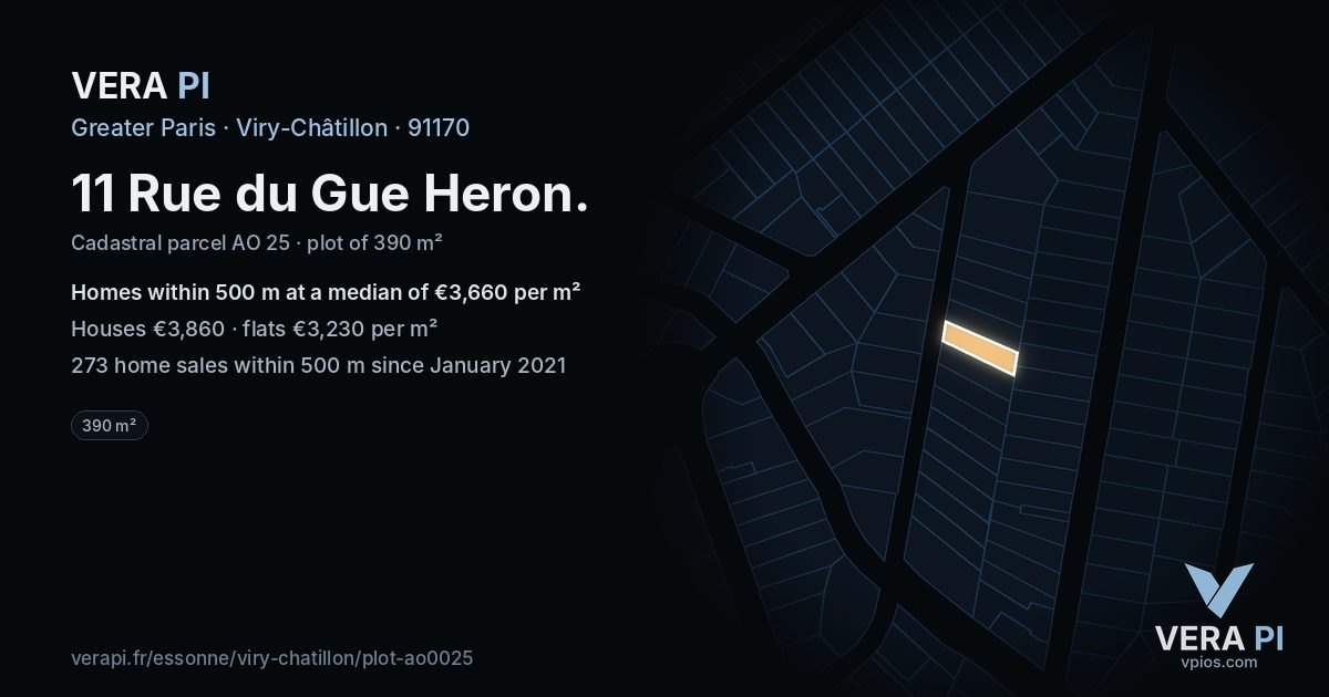 11 Rue du Gue Heron, Viry-Châtillon at night – the plot lit, the parcels around coloured by the prices near them