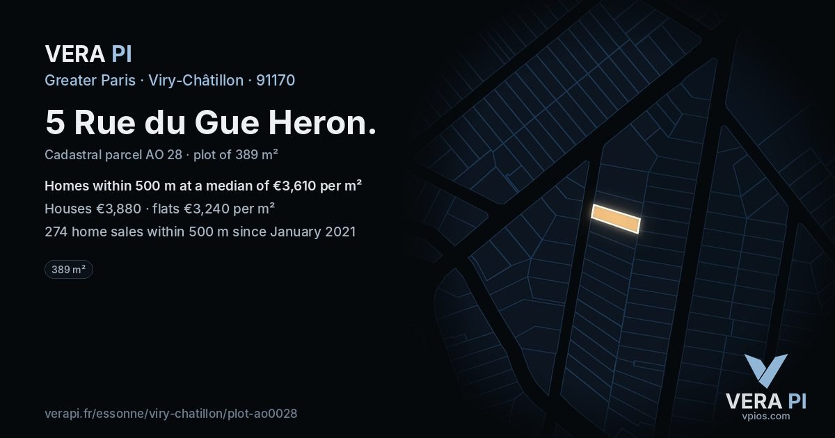 5 Rue du Gue Heron, Viry-Châtillon at night – the plot lit, the parcels around coloured by the prices near them