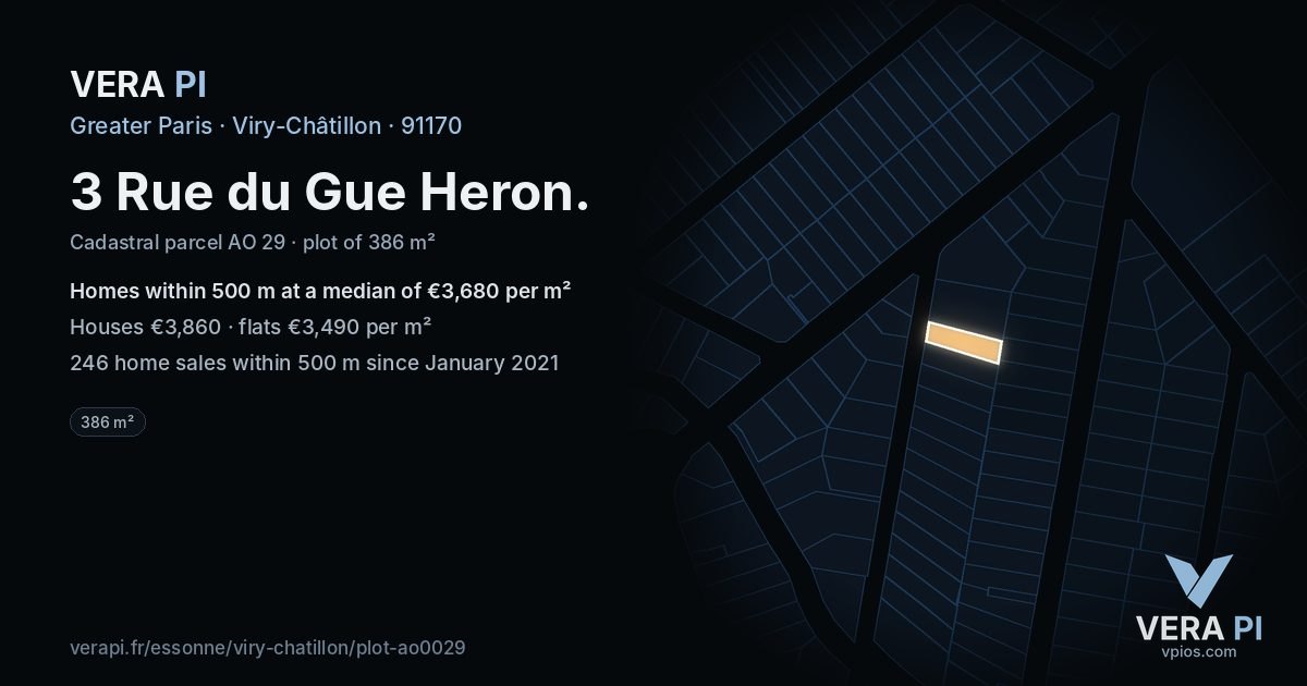 3 Rue du Gue Heron, Viry-Châtillon at night – the plot lit, the parcels around coloured by the prices near them