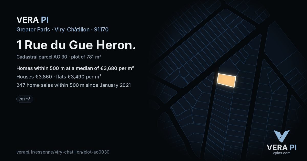 1 Rue du Gue Heron, Viry-Châtillon at night – the plot lit, the parcels around coloured by the prices near them