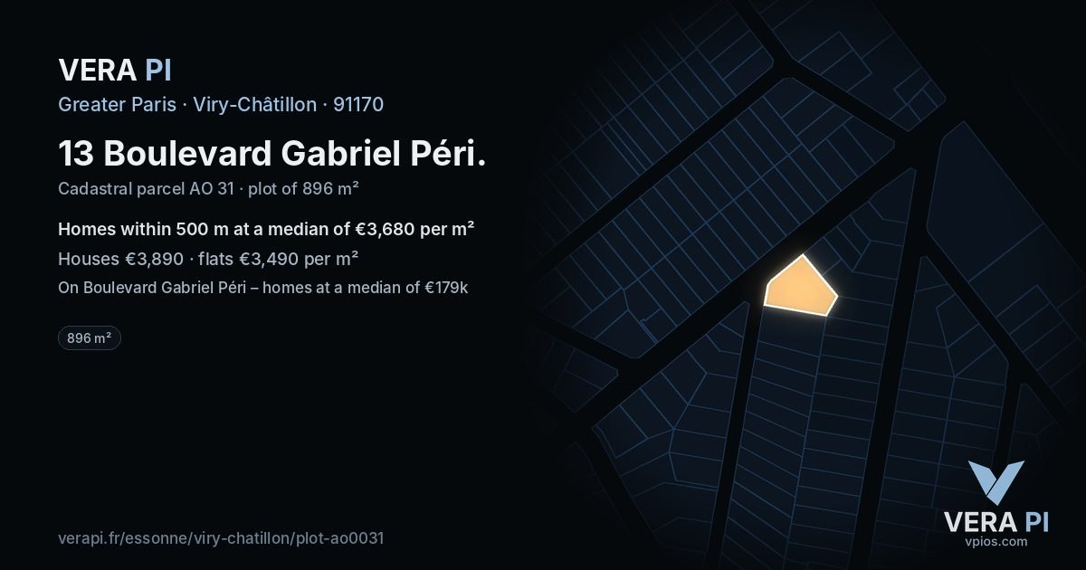 13 Boulevard Gabriel Péri, Viry-Châtillon at night – the plot lit, the parcels around coloured by the prices near them