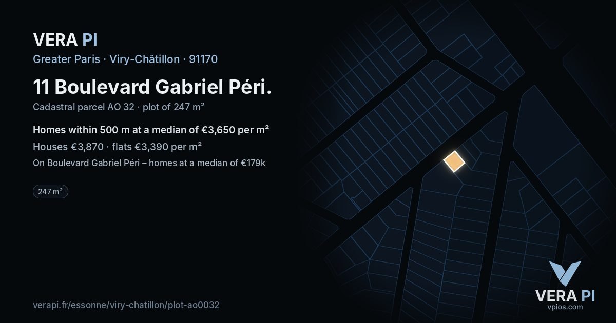 11 Boulevard Gabriel Péri, Viry-Châtillon at night – the plot lit, the parcels around coloured by the prices near them