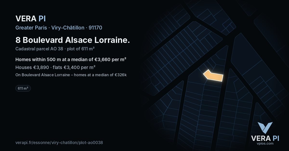 8 Boulevard Alsace Lorraine, Viry-Châtillon at night – the plot lit, the parcels around coloured by the prices near them