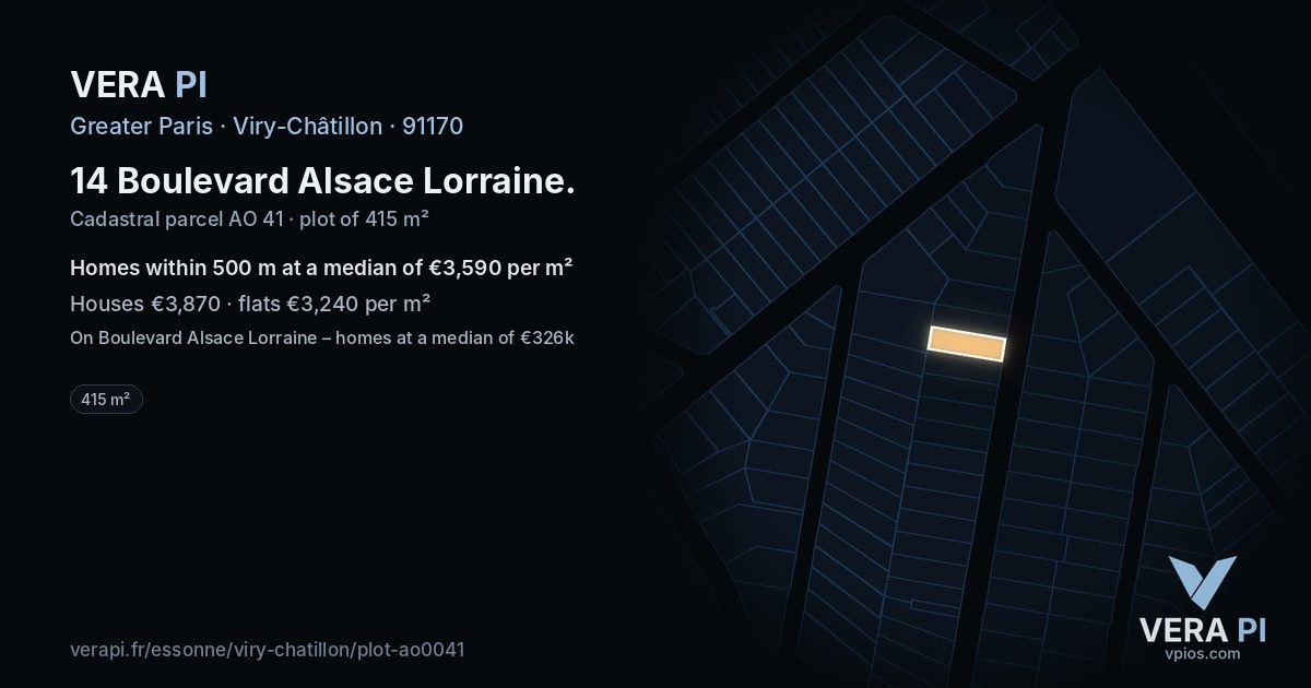 14 Boulevard Alsace Lorraine, Viry-Châtillon at night – the plot lit, the parcels around coloured by the prices near them