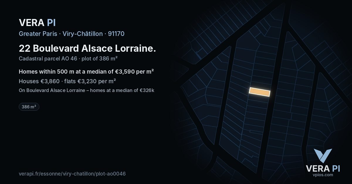 22 Boulevard Alsace Lorraine, Viry-Châtillon at night – the plot lit, the parcels around coloured by the prices near them