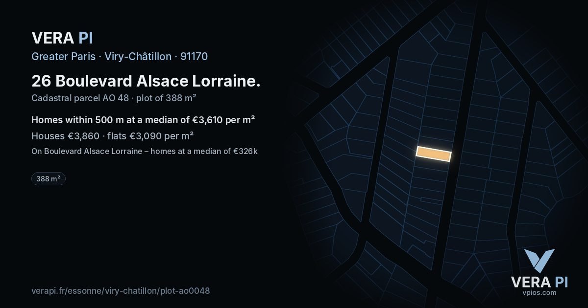 26 Boulevard Alsace Lorraine, Viry-Châtillon at night – the plot lit, the parcels around coloured by the prices near them
