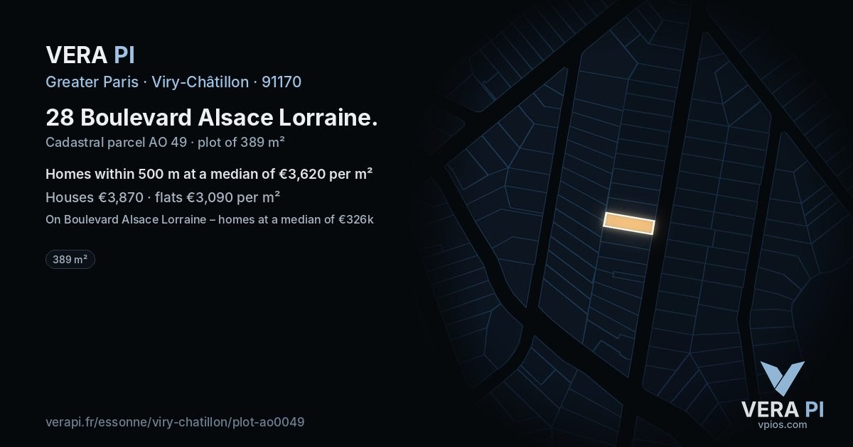 28 Boulevard Alsace Lorraine, Viry-Châtillon at night – the plot lit, the parcels around coloured by the prices near them