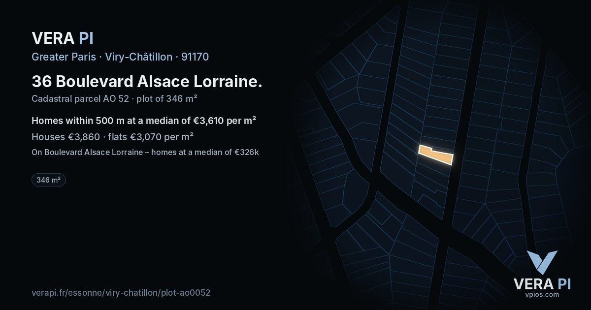 36 Boulevard Alsace Lorraine, Viry-Châtillon at night – the plot lit, the parcels around coloured by the prices near them