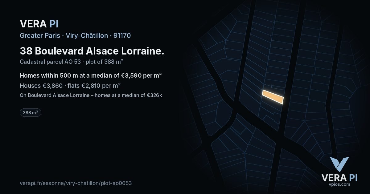 38 Boulevard Alsace Lorraine, Viry-Châtillon at night – the plot lit, the parcels around coloured by the prices near them