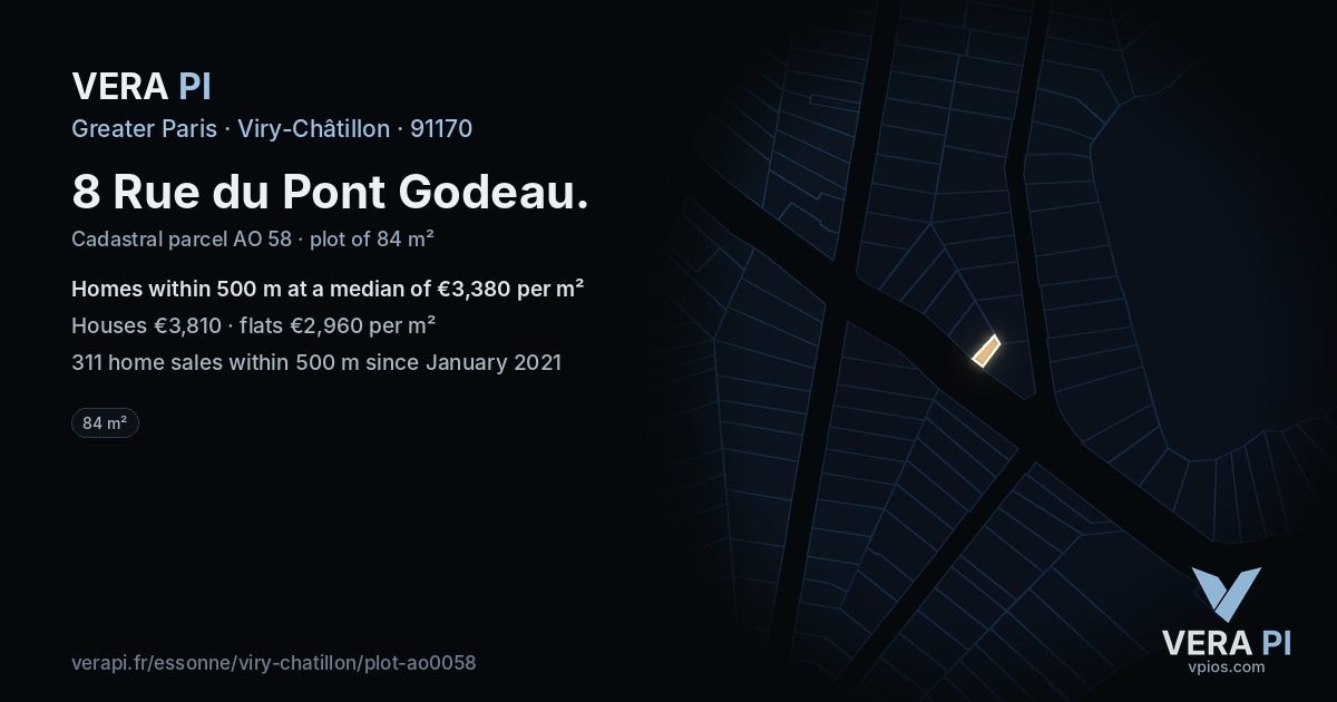 8 Rue du Pont Godeau, Viry-Châtillon at night – the plot lit, the parcels around coloured by the prices near them