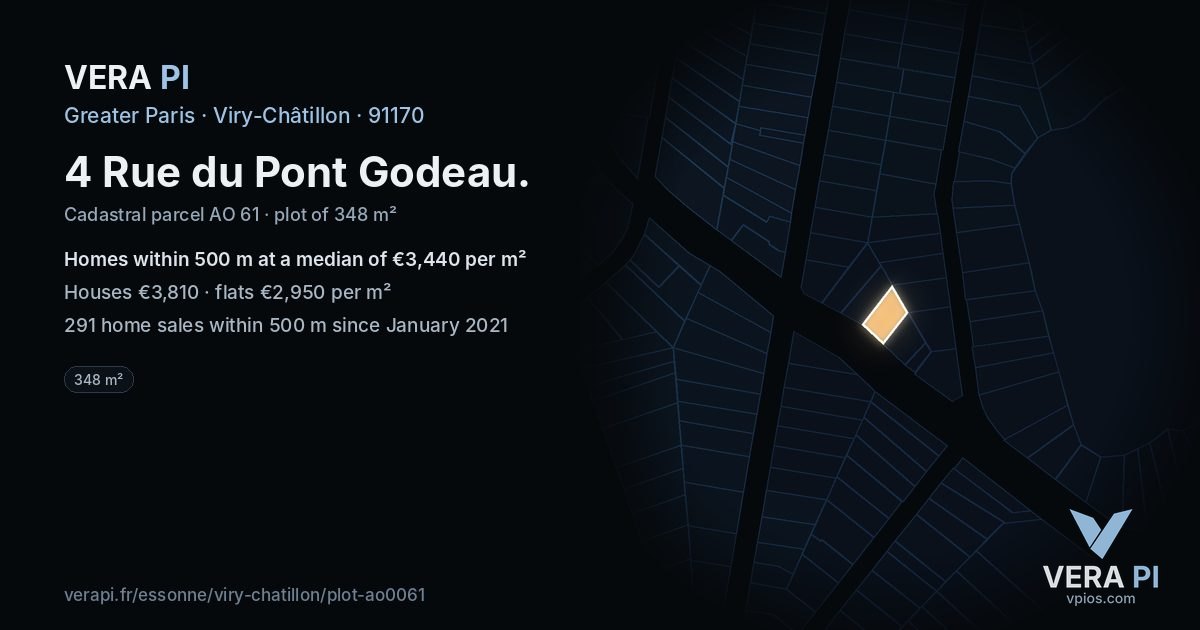 4 Rue du Pont Godeau, Viry-Châtillon at night – the plot lit, the parcels around coloured by the prices near them