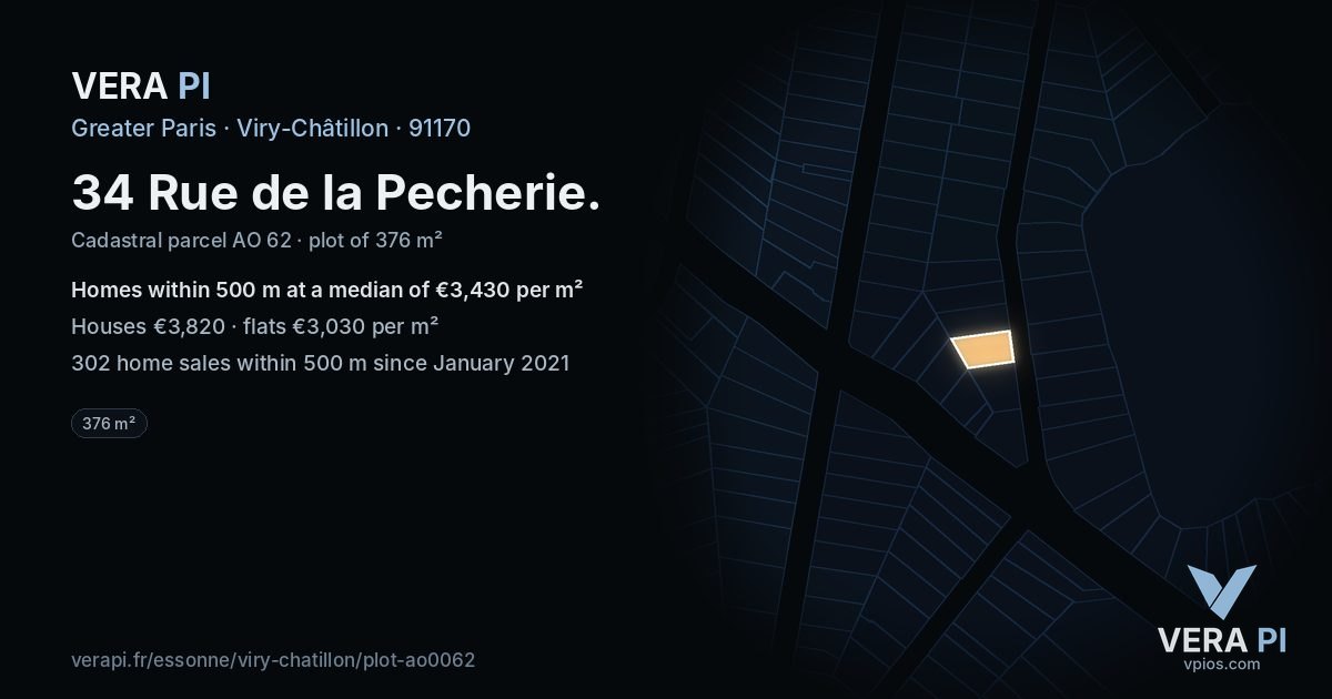 34 Rue de la Pecherie, Viry-Châtillon at night – the plot lit, the parcels around coloured by the prices near them