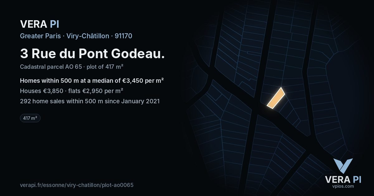 3 Rue du Pont Godeau, Viry-Châtillon at night – the plot lit, the parcels around coloured by the prices near them