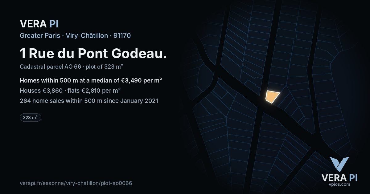 1 Rue du Pont Godeau, Viry-Châtillon at night – the plot lit, the parcels around coloured by the prices near them